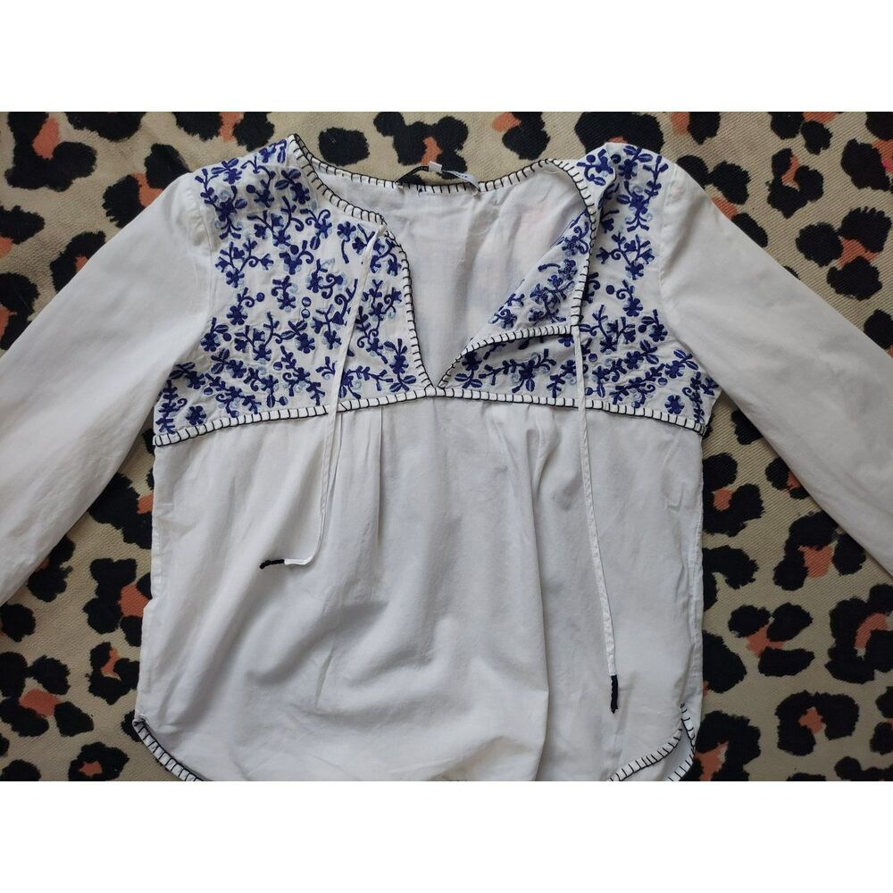 Womens White Peasant Blouse Blue Floral Embroidery Long Sleeve Cotton Boho Coast